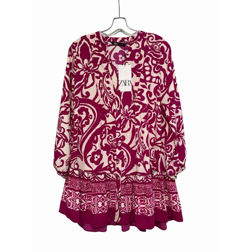 Zara NWT Fushia Floral Print V-Neck Mini Dress Size XS Polyester Ruffle Hem‎ $50